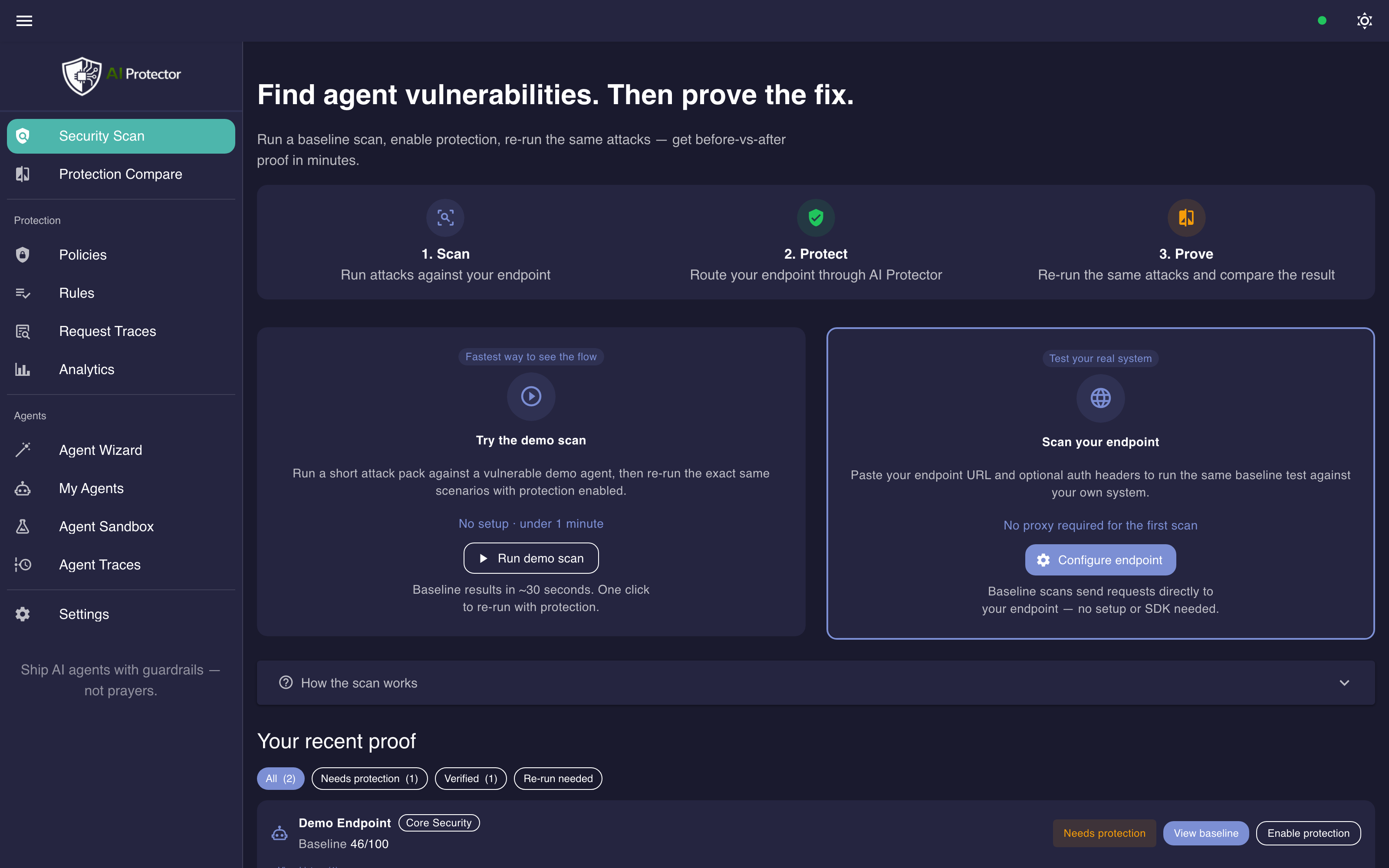 AI Protector — Security Scan: find agent vulnerabilities, then prove the fix